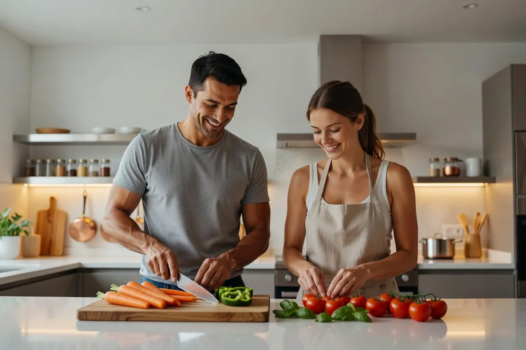Un couple préparant le dîner ensemble dans une cuisine, souriant et complice