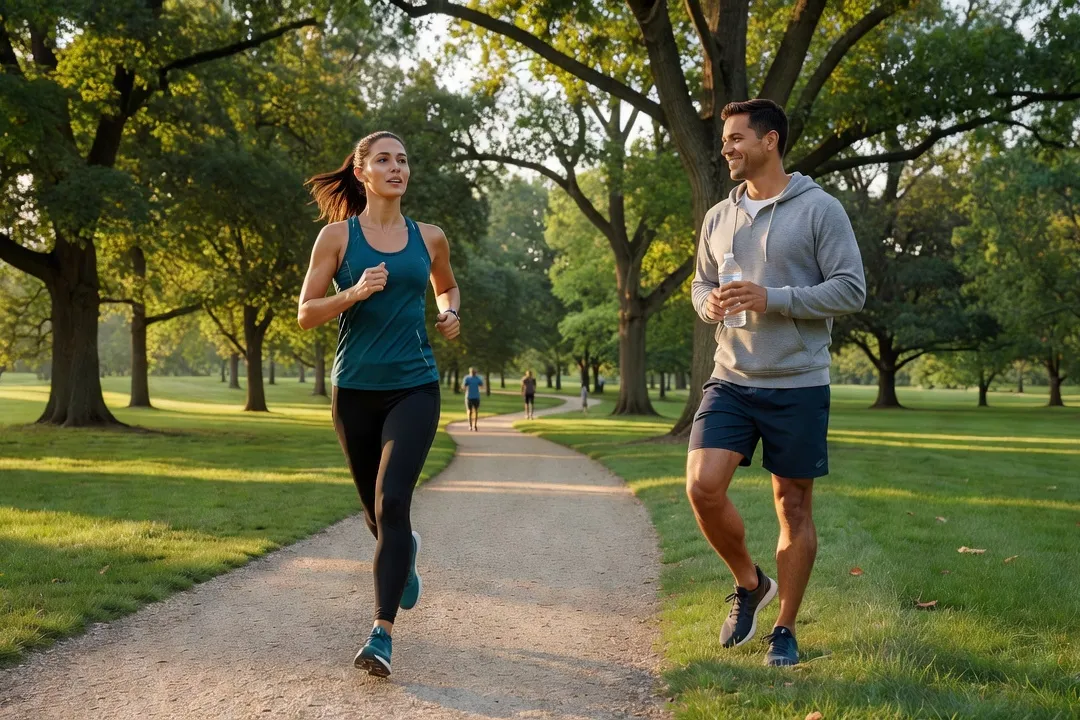 Une femme pratiquant une activité sportive en extérieur pendant que son partenaire l’attend avec un sourire