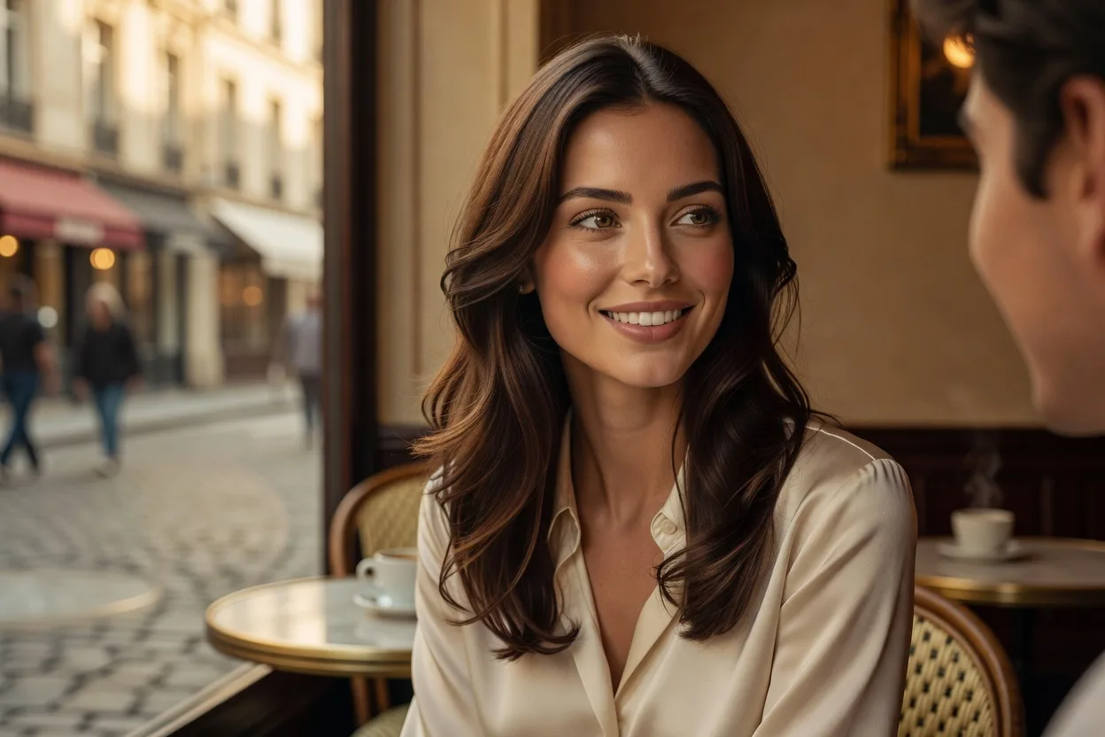 Une femme élégante échangeant un regard intense et souriant dans un café baigné de lumière naturelle