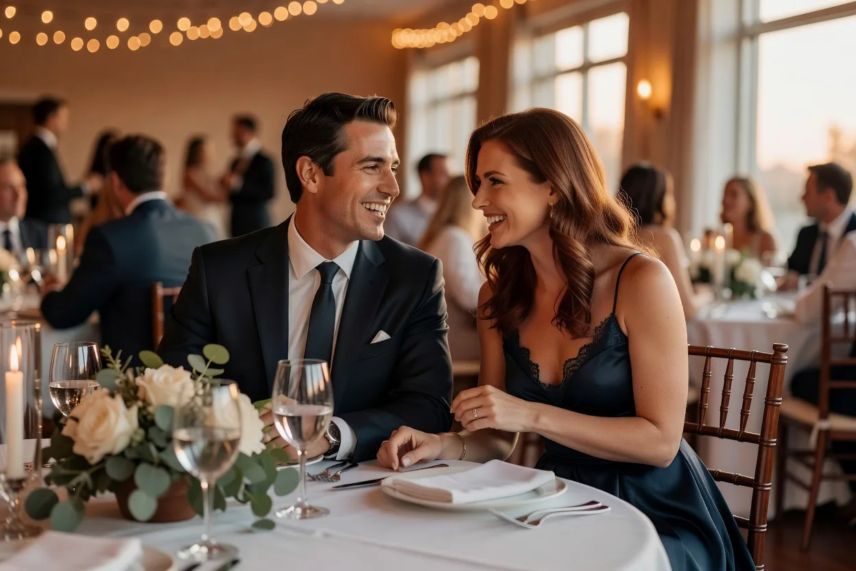 Un couple souriant en pleine conversation complice lors d’un repas de mariage