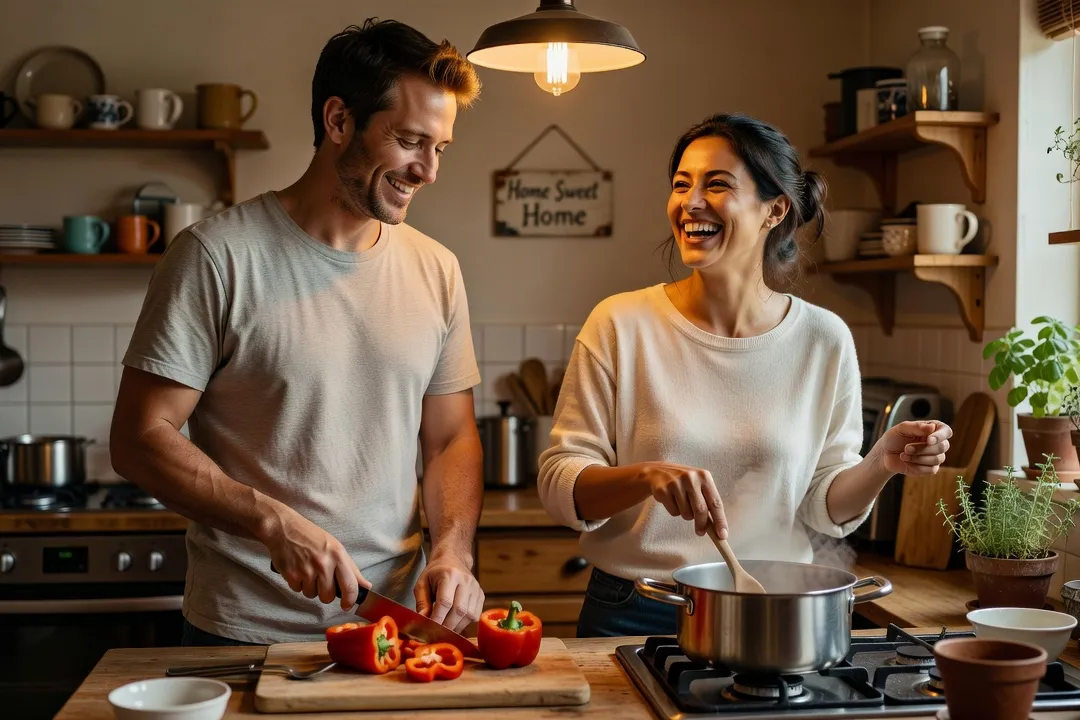 Un homme et une femme cuisinant ensemble dans une cuisine partagée, ambiance conviviale