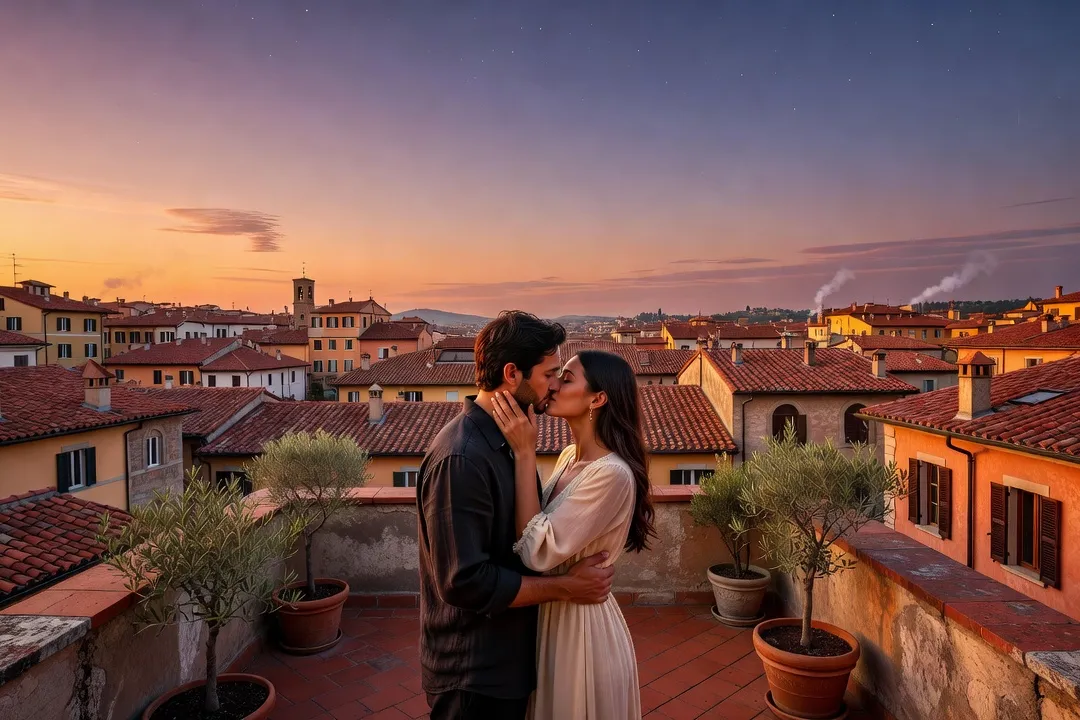 Un couple s’embrassant sur une terrasse en soirée avec vue sur des toits de ville italienne