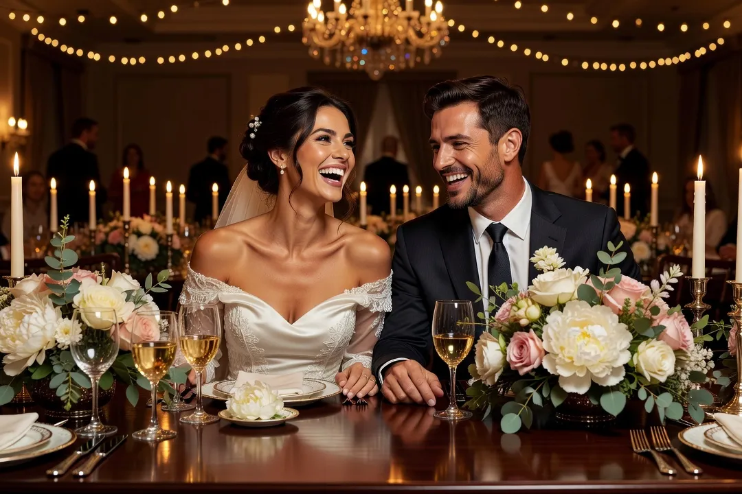 Un homme et une femme riant ensemble à une table de mariage décorée avec des fleurs