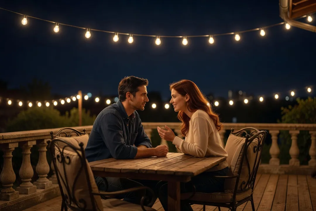 Un couple assis côte à côte sur une terrasse en soirée, en pleine conversation intime