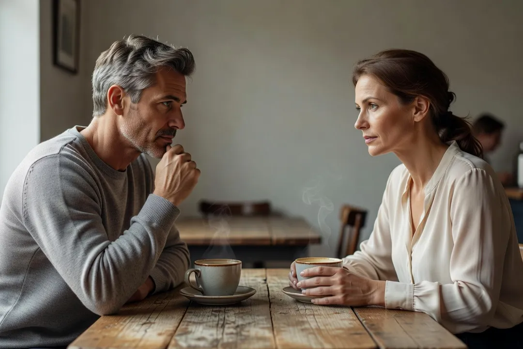 Un couple ayant une conversation sérieuse et posée autour d’un café, expression réfléchie