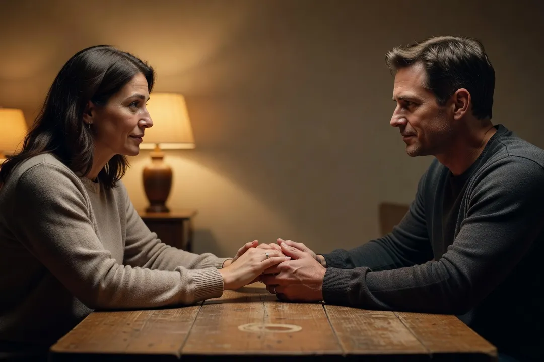 Un couple se réconciliant après une discussion, mains jointes avec tendresse