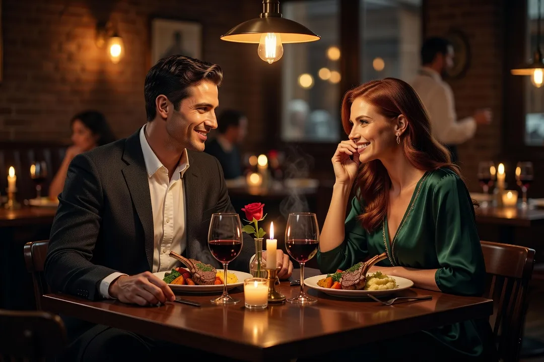 Un couple souriant partageant un dîner dans un restaurant chaleureux le soir