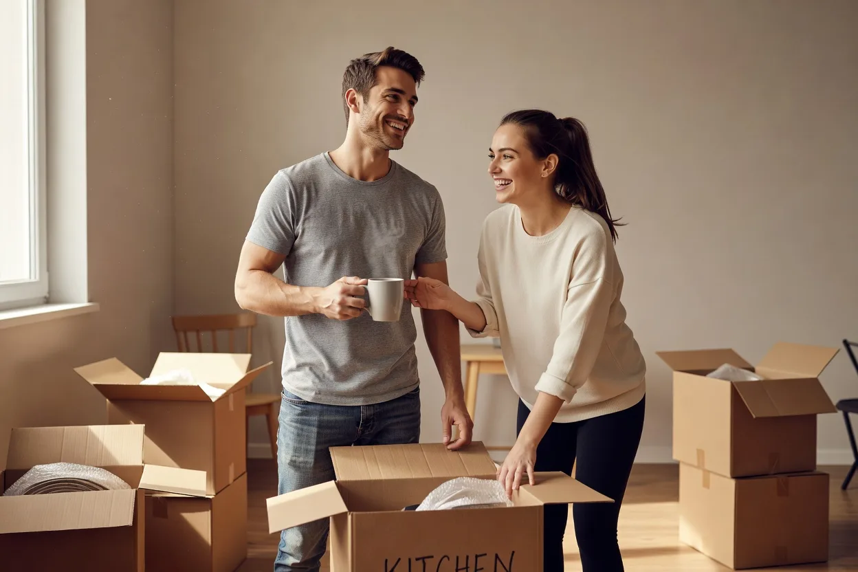 Un couple souriant déballant des cartons de déménagement dans un appartement lumineux