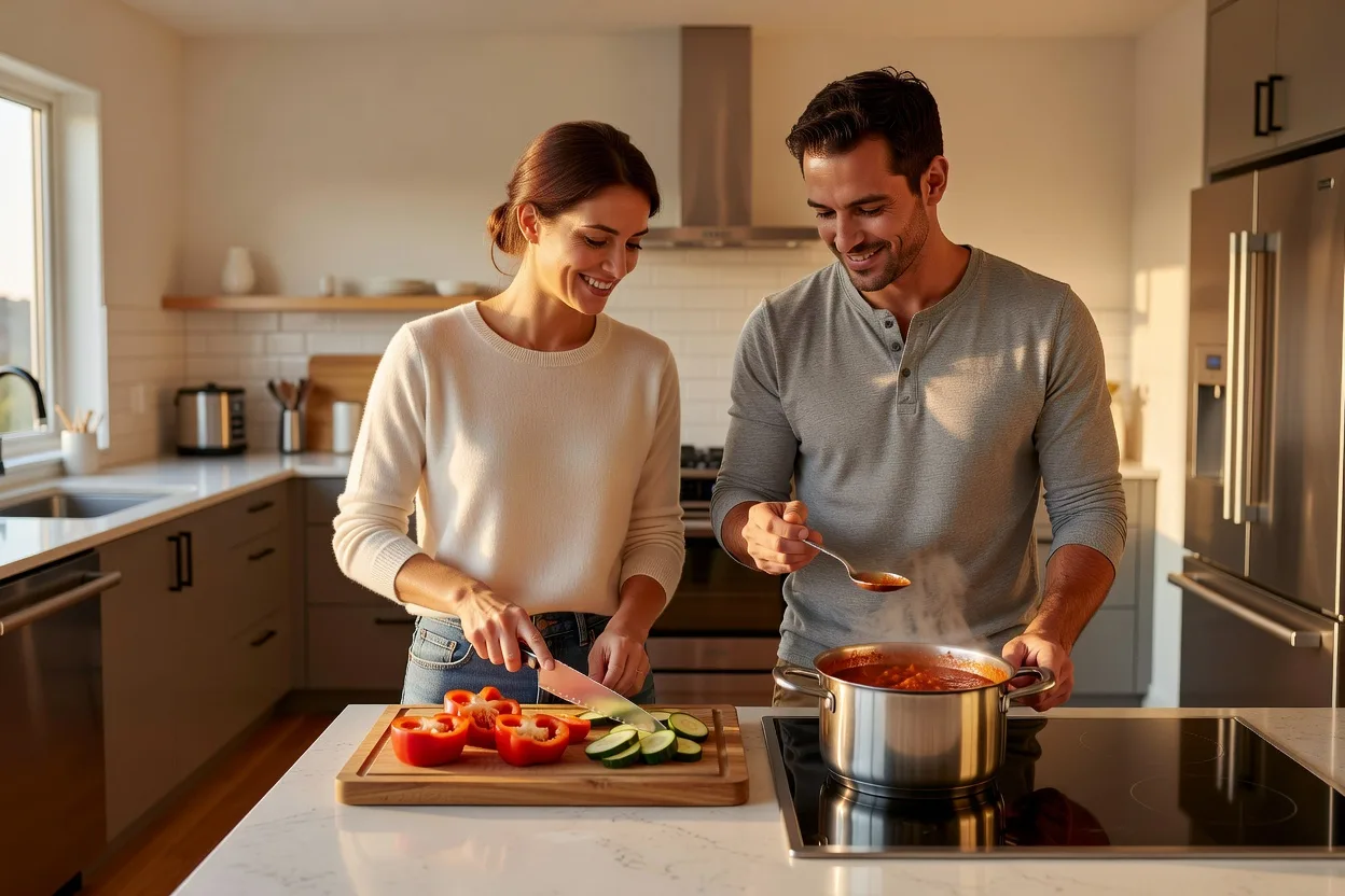Un couple cuisinant ensemble dans une cuisine chaleureuse, souriants