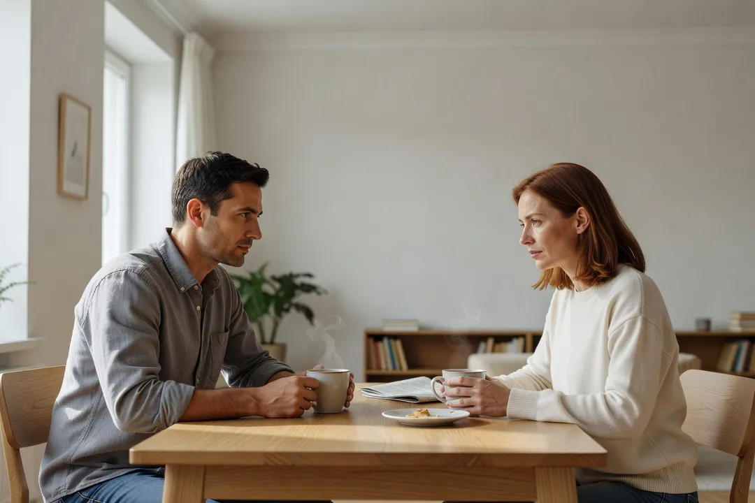 Un couple discutant sérieusement autour d’un café dans un appartement lumineux