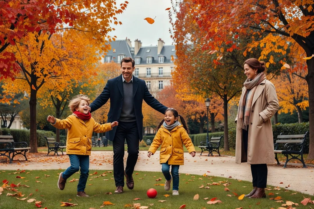 Un homme jouant avec deux enfants dans un parc, la mère les observant avec un sourire