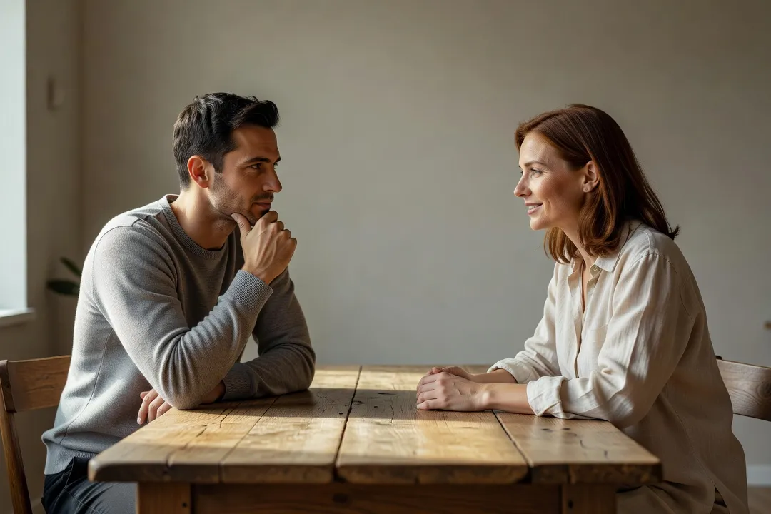 Un couple discutant calmement autour d’une table, expression réfléchie et attentive