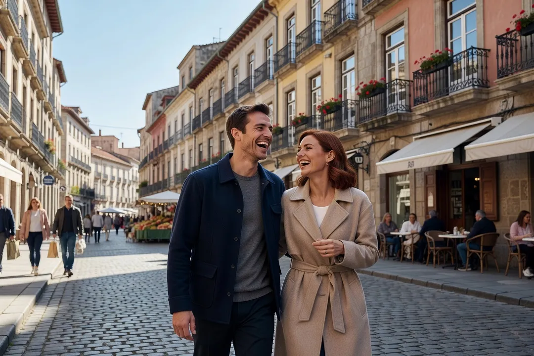 Un couple riant ensemble en marchant dans une rue animée, complicité visible