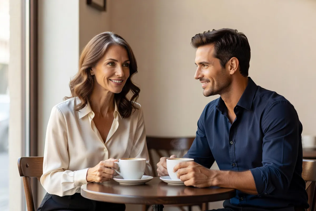 Une femme et un homme échangent un sourire en buvant un café dans un bistro lumineux