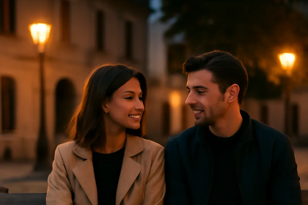 Un homme et une femme assis près l'un de l'autre sur un banc, le soir, sous des lampadaires allumés