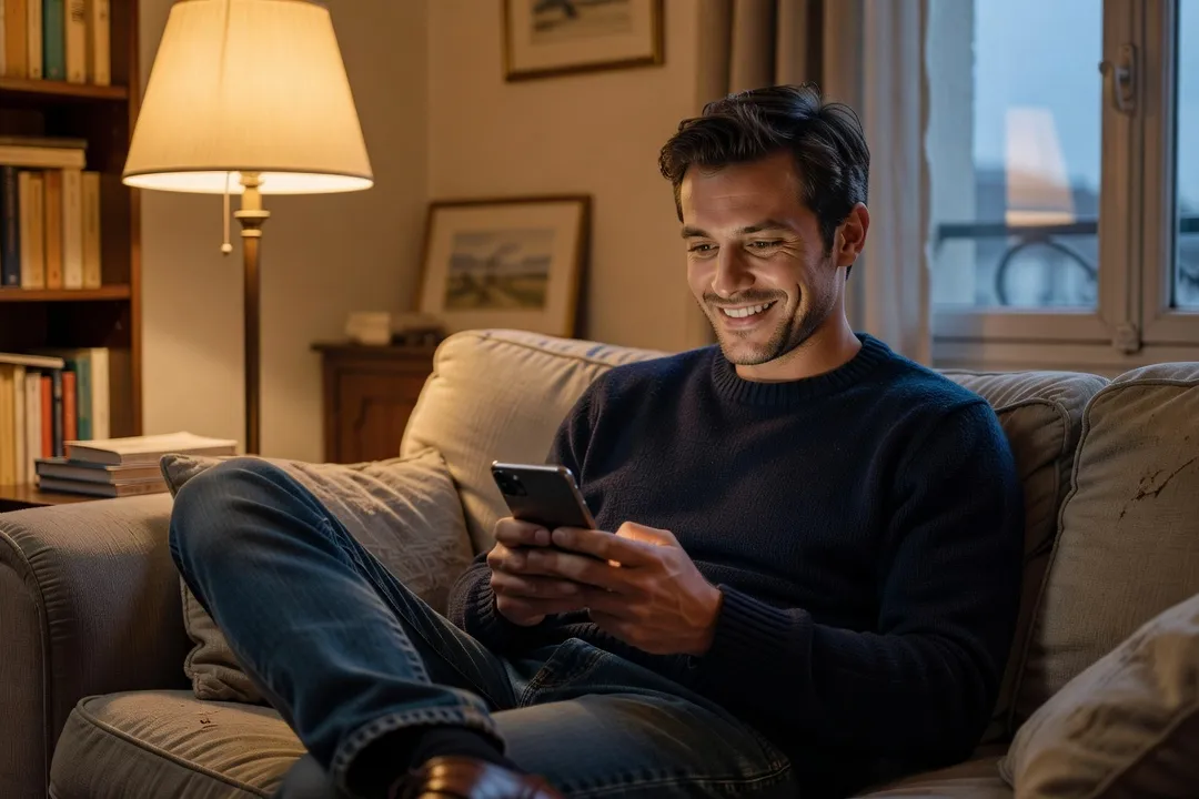 Un homme souriant en lisant un message sur son téléphone, assis dans son salon le soir