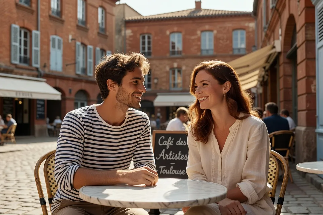 Couple souriant assis en terrasse d’un café, se regardant avec complicité