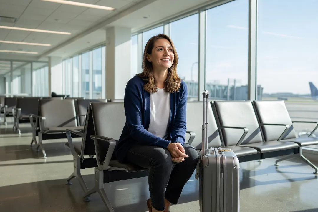Une femme souriante assise dans une salle d’attente d’aéroport moderne, valise à ses côtés