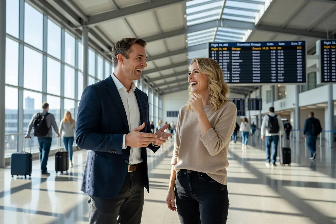 Un homme et une femme en pleine conversation animée dans un hall d’aéroport, souriants