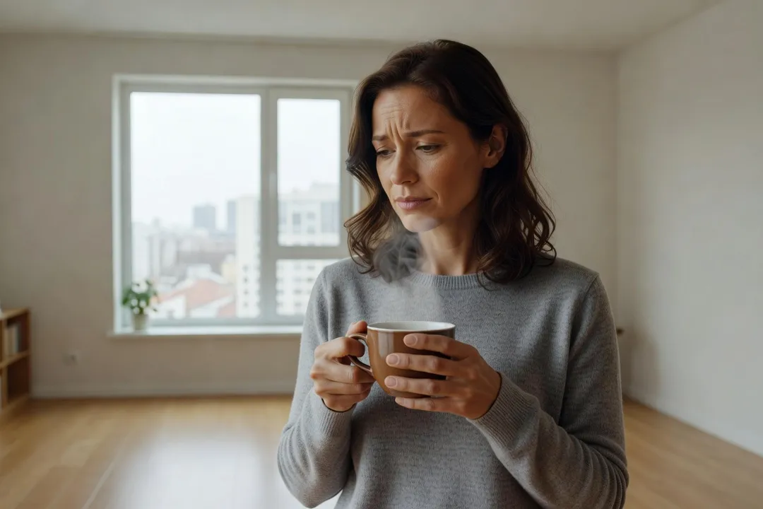 Une femme pensive regardant par la fenêtre d’un appartement lumineux, tasse de thé à la main