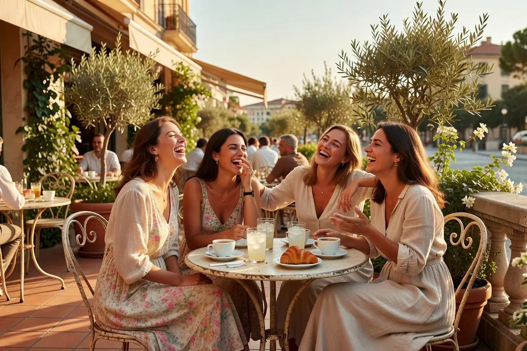 Un groupe d’amies riant ensemble en terrasse un après-midi ensoleillé