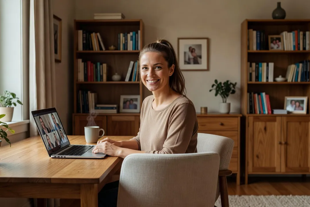 Une femme souriante assise à son bureau chez elle, en pleine visioconférence sur un ordinateur portable