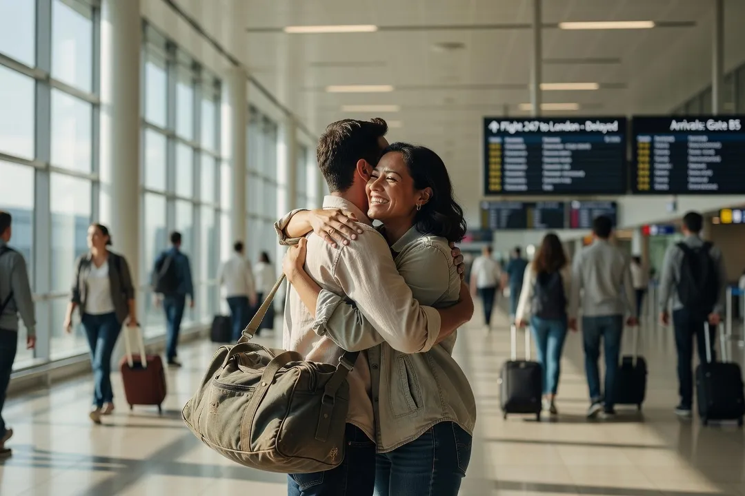 Un couple s’enlaçant chaleureusement à la sortie d’un aéroport, l’un portant un sac de voyage