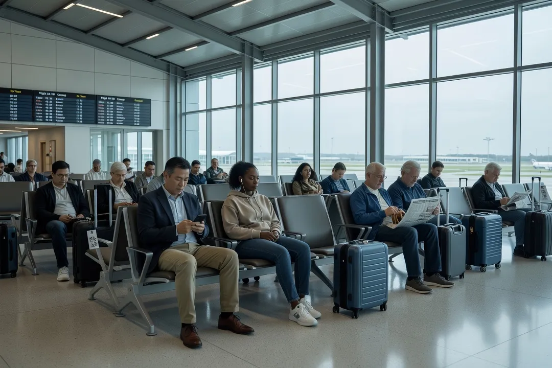 Salle d’attente d’aéroport avec des passagers assis, ambiance calme