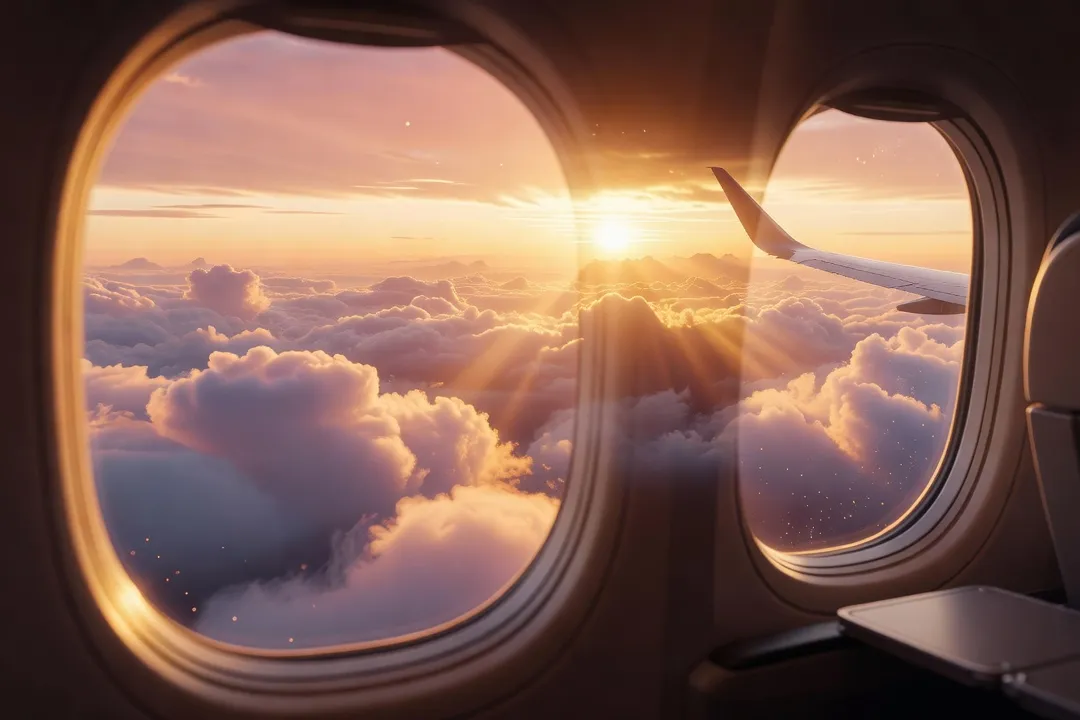 Vue depuis un hublot d’avion au coucher du soleil, ambiance voyage