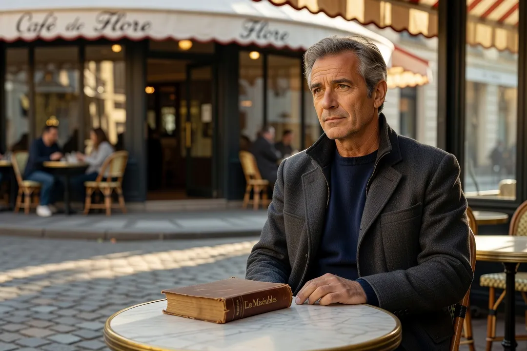 Un homme d’âge mûr assis seul à une table de café, pensif, un livre à côté de lui