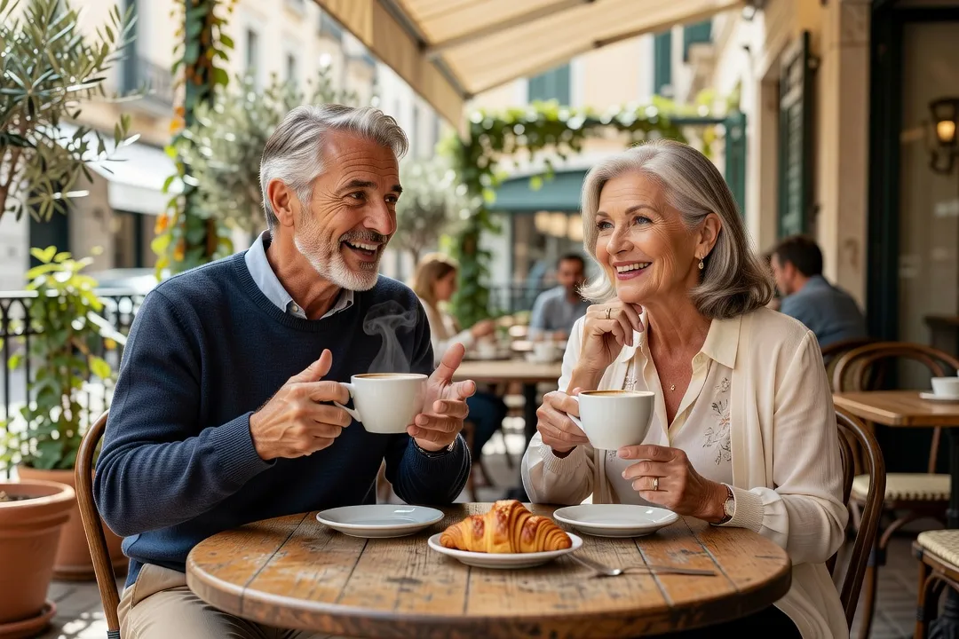 Un couple d’âge mûr en pleine discussion animée autour d’un café en terrasse