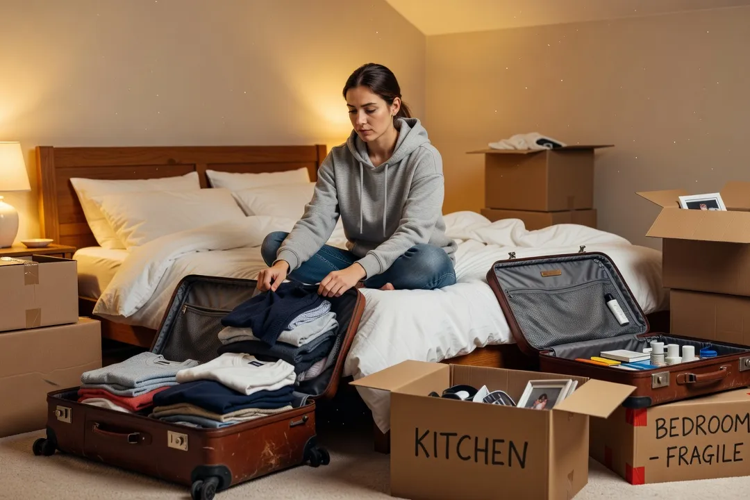Une femme assise sur son lit entourée de cartons et de valises ouvertes, en train de préparer un déménagement