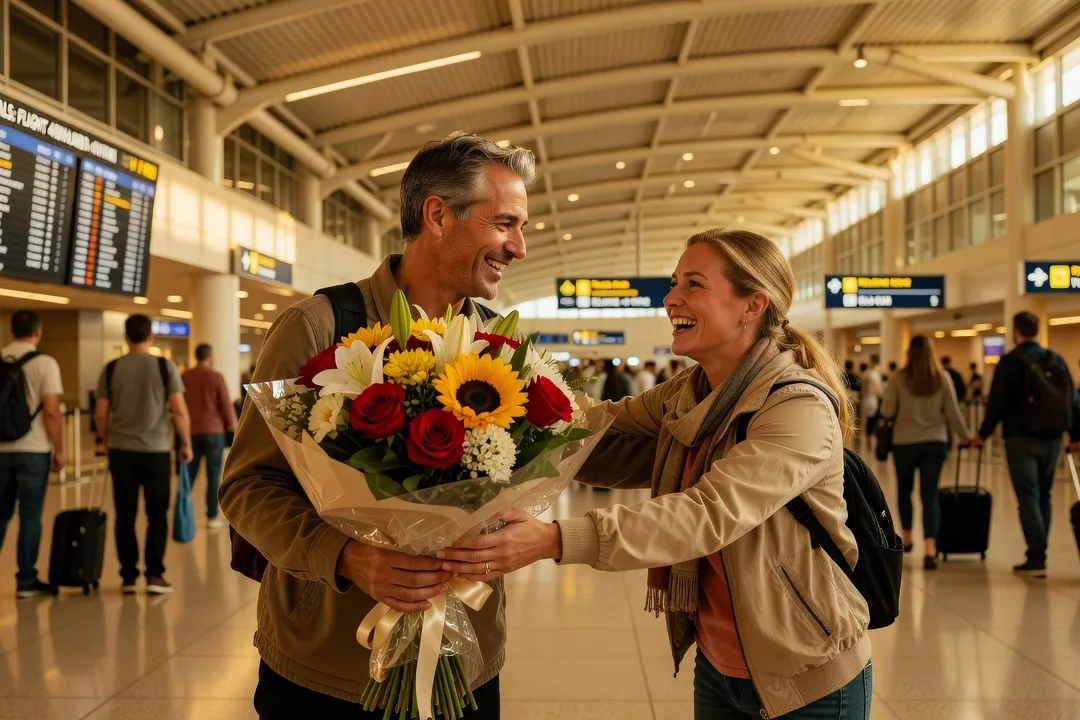 Un couple souriant dans le hall d’arrivée d’un aéroport, l’homme accueillant la femme avec des fleurs