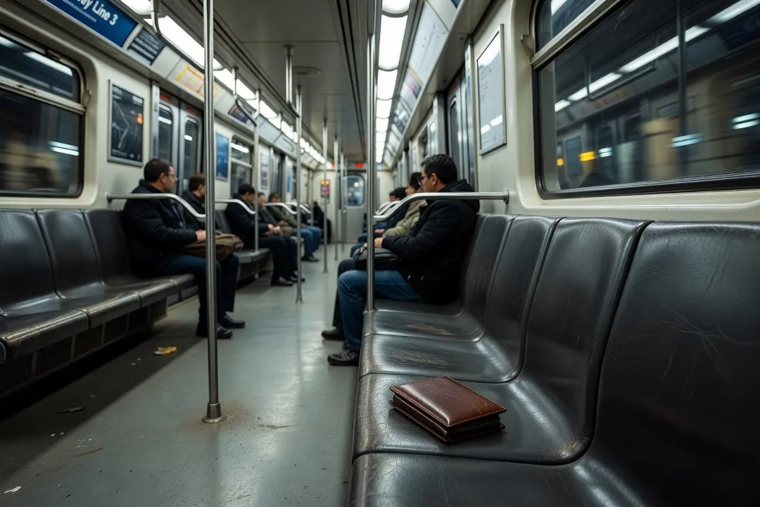 Portefeuille en cuir posé sur une banquette de métro, ambiance urbaine