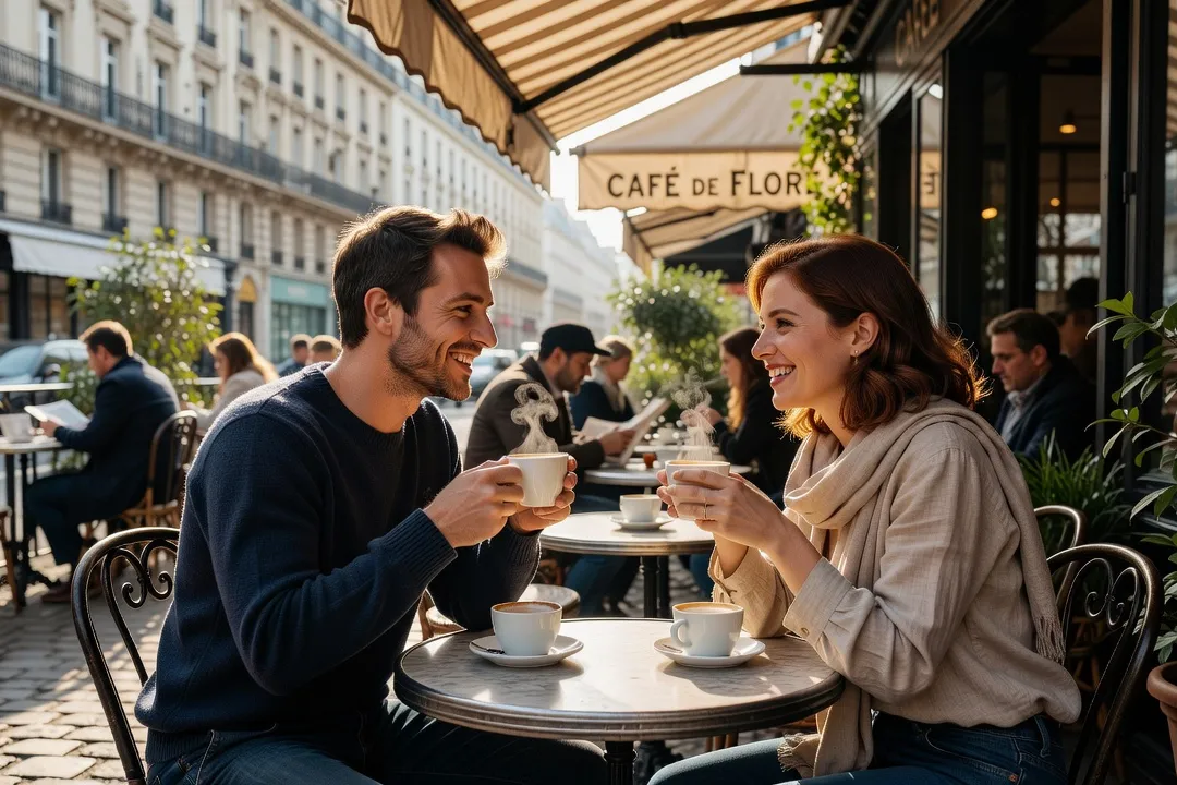Un homme et une femme partageant un café en terrasse, souriant, ambiance chaleureuse