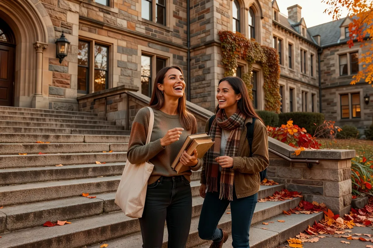 Deux étudiantes rient en descendant les marches d'un bâtiment universitaire en automne