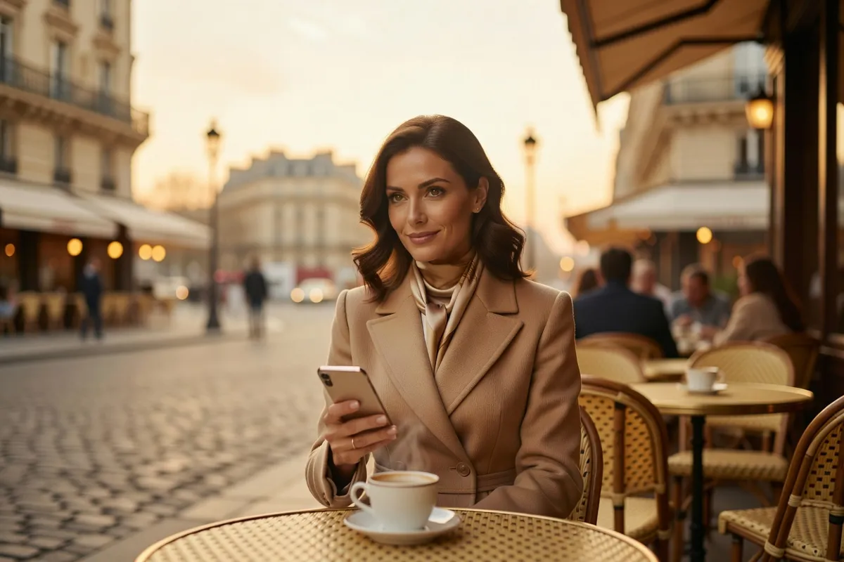 Une femme élégante consulte son téléphone à la terrasse d'un café parisien en fin de journée