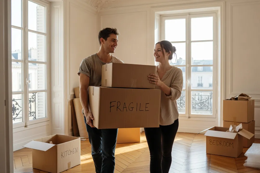 Un couple portant des cartons de déménagement dans un appartement lumineux