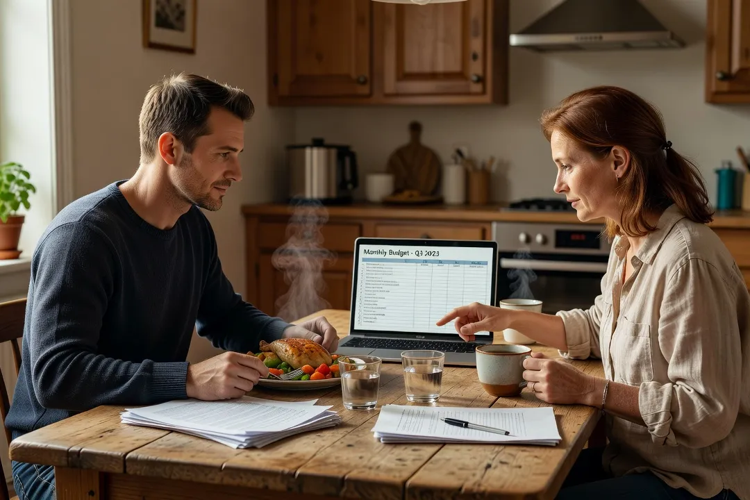 Un couple partageant un repas dans leur cuisine, discutant avec des documents et un ordinateur portable posés sur la table
