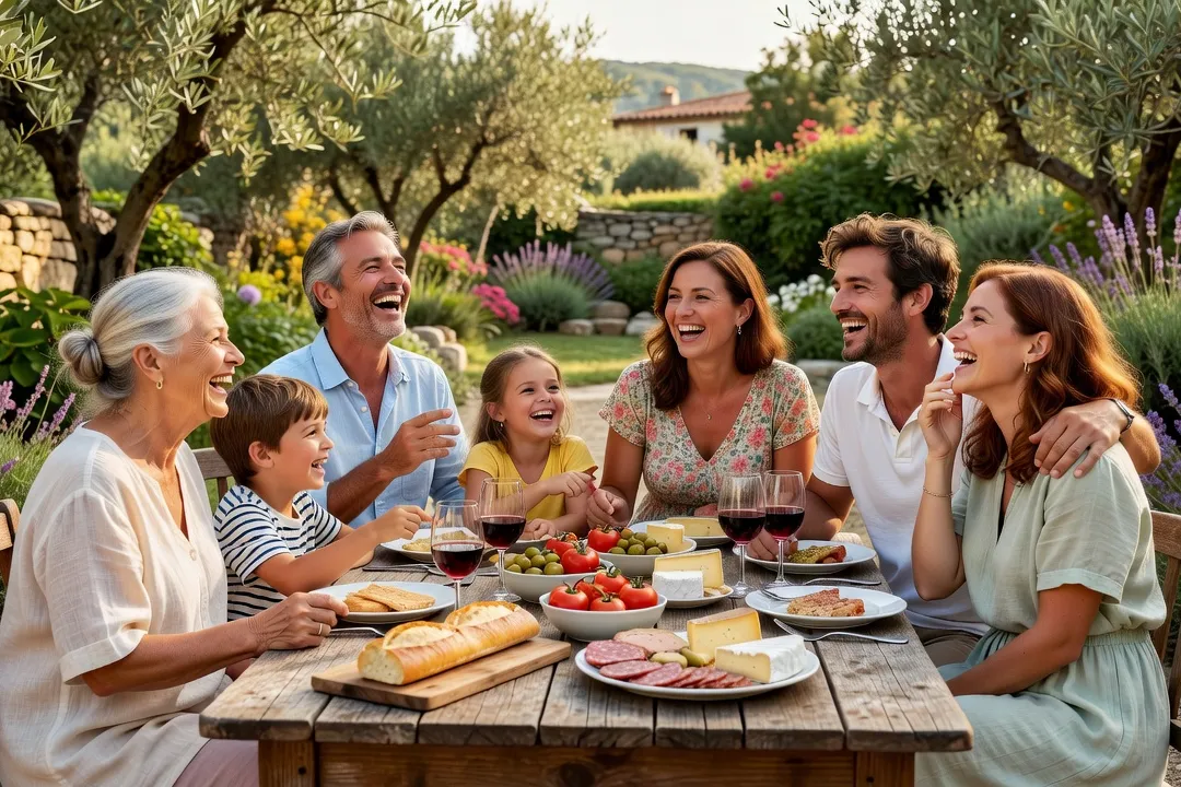 Une famille et un jeune couple partageant un repas convivial autour d’une table dans un jardin