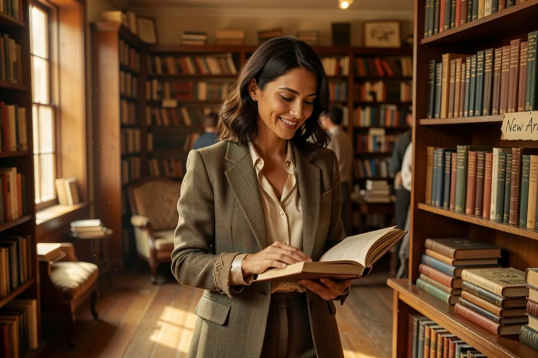 Une femme souriante dans une librairie feuilletant un livre, lumière naturelle chaleureuse