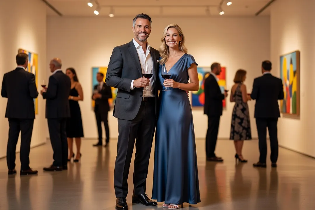 Un couple souriant lors d’un vernissage d’exposition, ambiance chaleureuse et conviviale