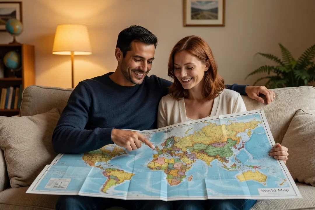 Un couple souriant regardant ensemble une carte du monde, planifiant un projet de vie commune