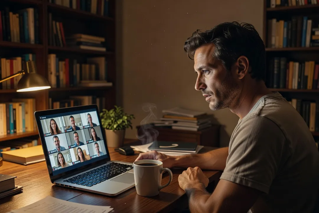 Un homme en visioconférence tard le soir dans son bureau, une tasse de café à côté de son ordinateur