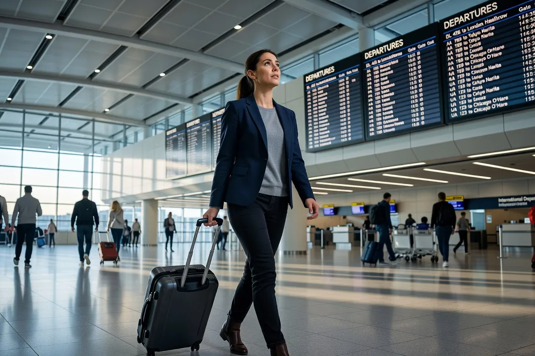Une femme tirant une valise dans le hall d’un aéroport, regardant les panneaux d’affichage des vols