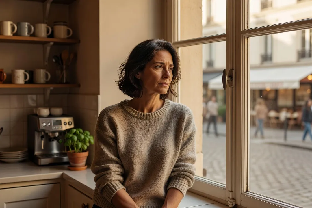 Une femme pensive qui regarde par la fenêtre d’une cuisine lumineuse