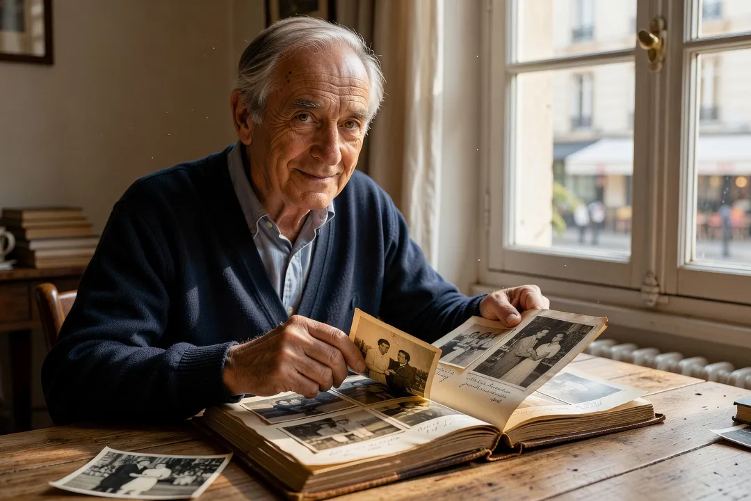 Un homme âgé feuilletant un album photo à la lumière d’une fenêtre