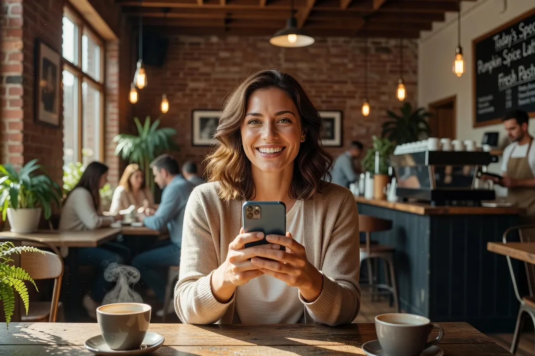 Une femme souriante consultant son téléphone dans un café lumineux, en pleine conversation à distance
