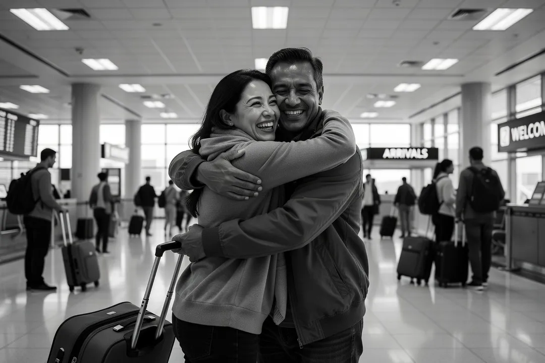 Un couple s’enlaçant chaleureusement dans le hall d’un aéroport, l’un tenant une valise