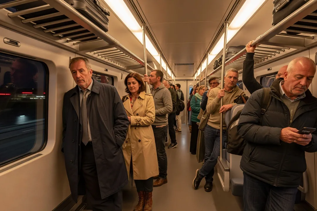 Passagers attendant dans le couloir d’un TGV immobilisé la nuit